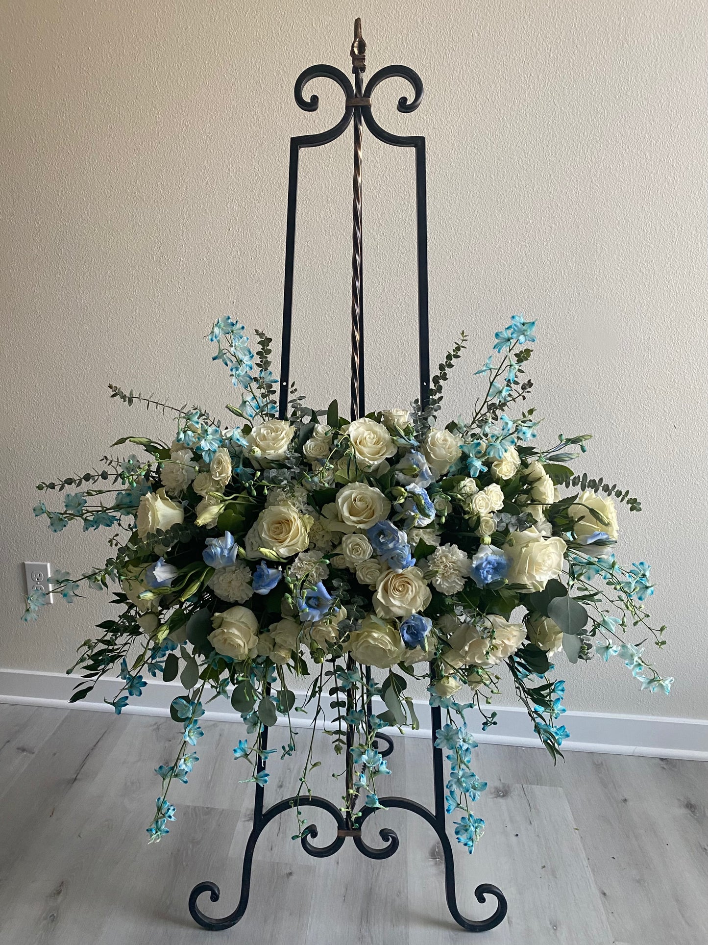 "White and Blue" Portrait Funeral Arrangement