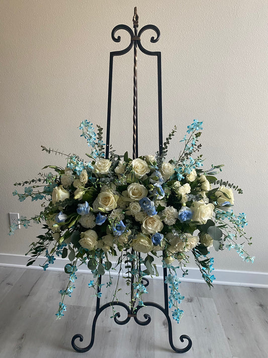 "White and Blue" Portrait Funeral Arrangement