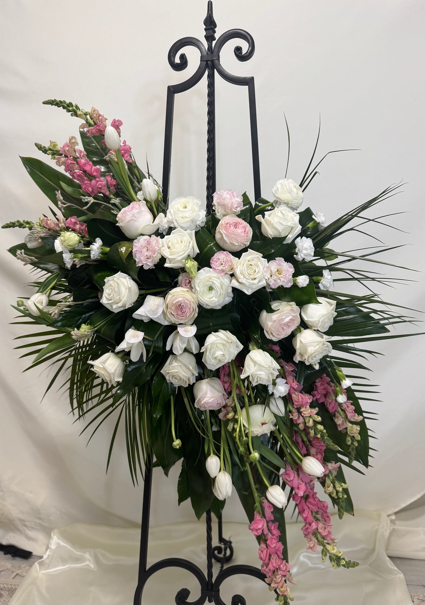 "Pink and White" Funeral Portrait Arrangment