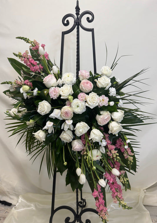 "Pink and White" Funeral Portrait Arrangment